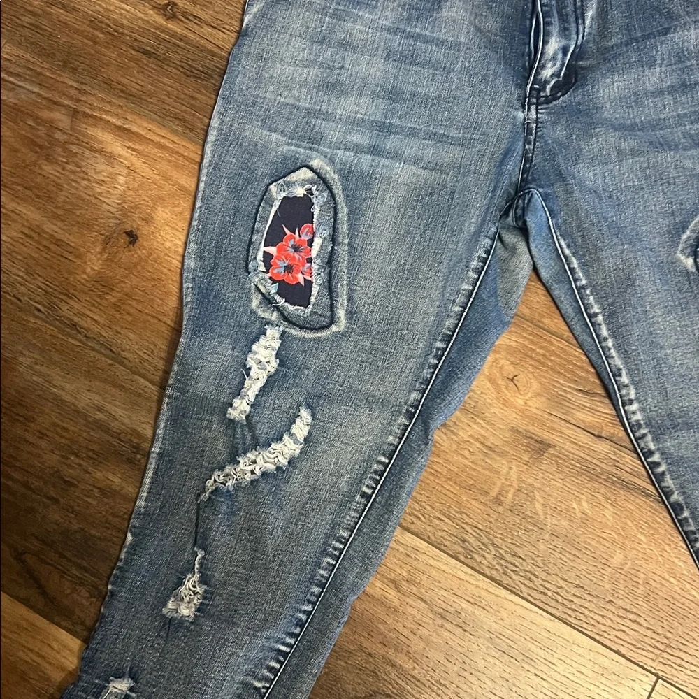Sz 13 Cleo Blue Straight Leg Jeans with Floral and Distressed Details - Picture 6 of 7